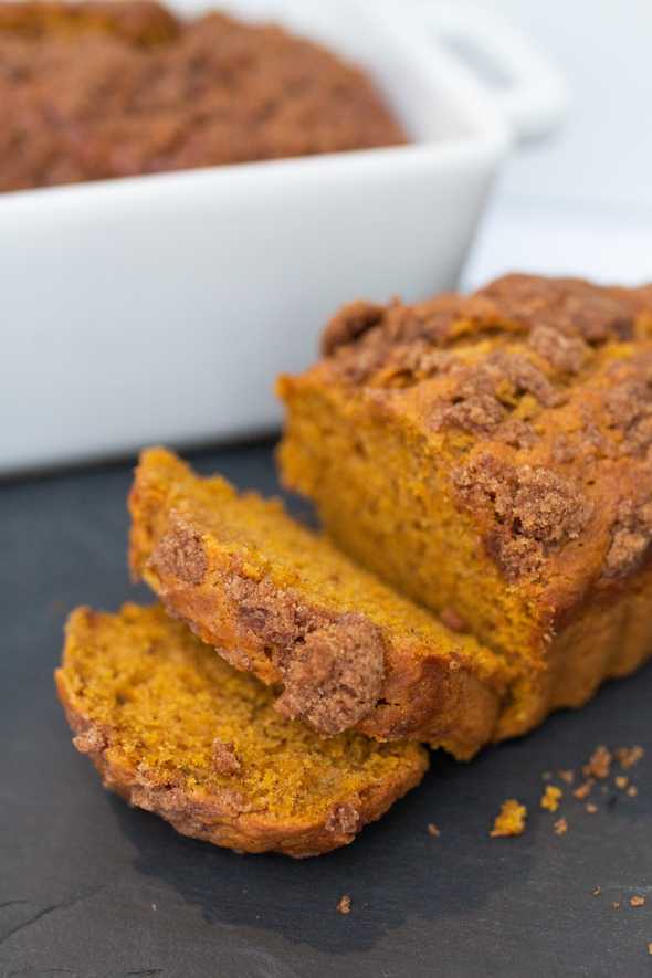 sliced pumpkin banana streusel bread on a platter