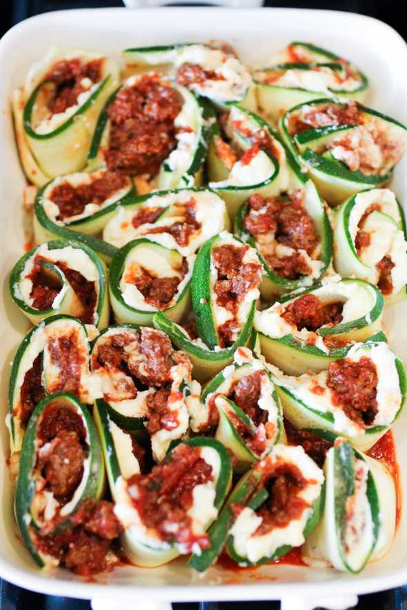 casserole dish filled with lasagna zucchini rolls