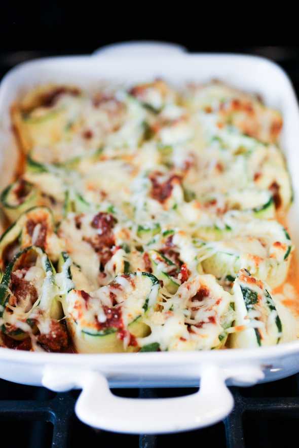 casserole dish filled with lasagna zucchini rolls