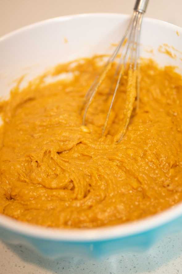 bread batter in a blue bowl