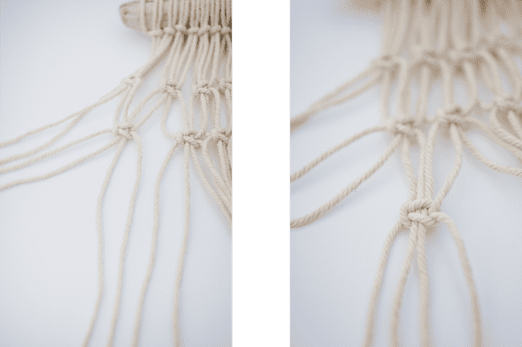 three rows of macrame square knots