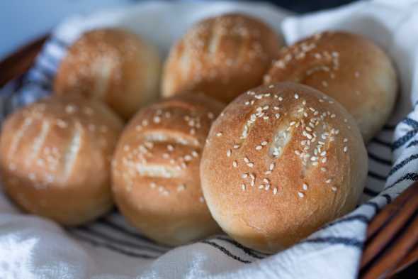 up close shot of hamburger buns in a basket